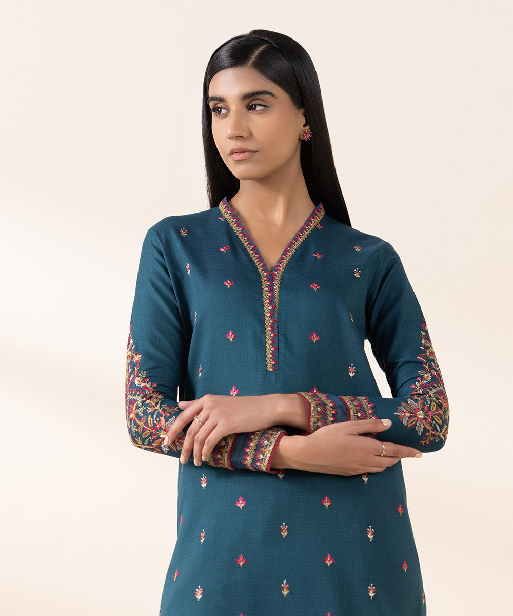 Women's Unstitched Dobby Blue Embroidered 2 Piece Suit 