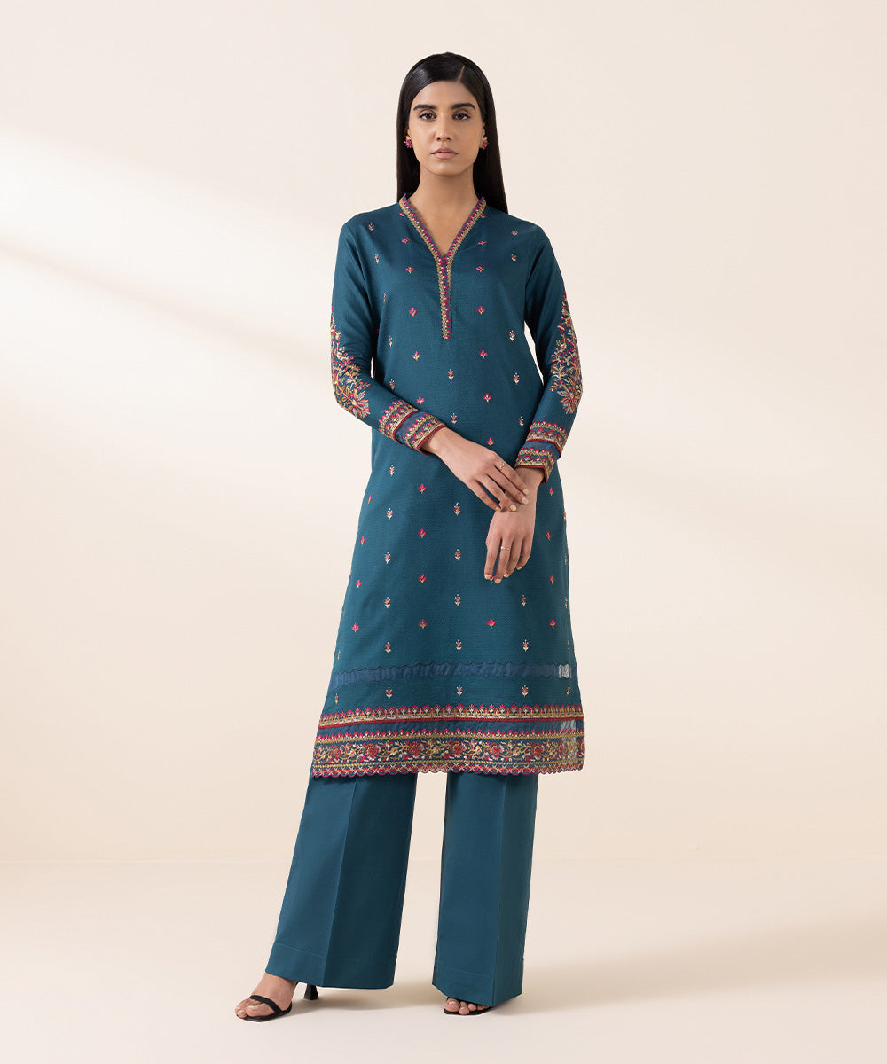 Women's Unstitched Dobby Blue Embroidered 2 Piece Suit 