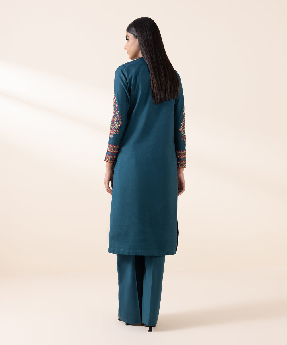 Women's Unstitched Dobby Blue Embroidered 2 Piece Suit 