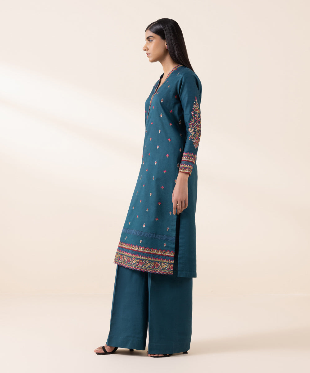 Women's Unstitched Dobby Blue Embroidered 2 Piece Suit 