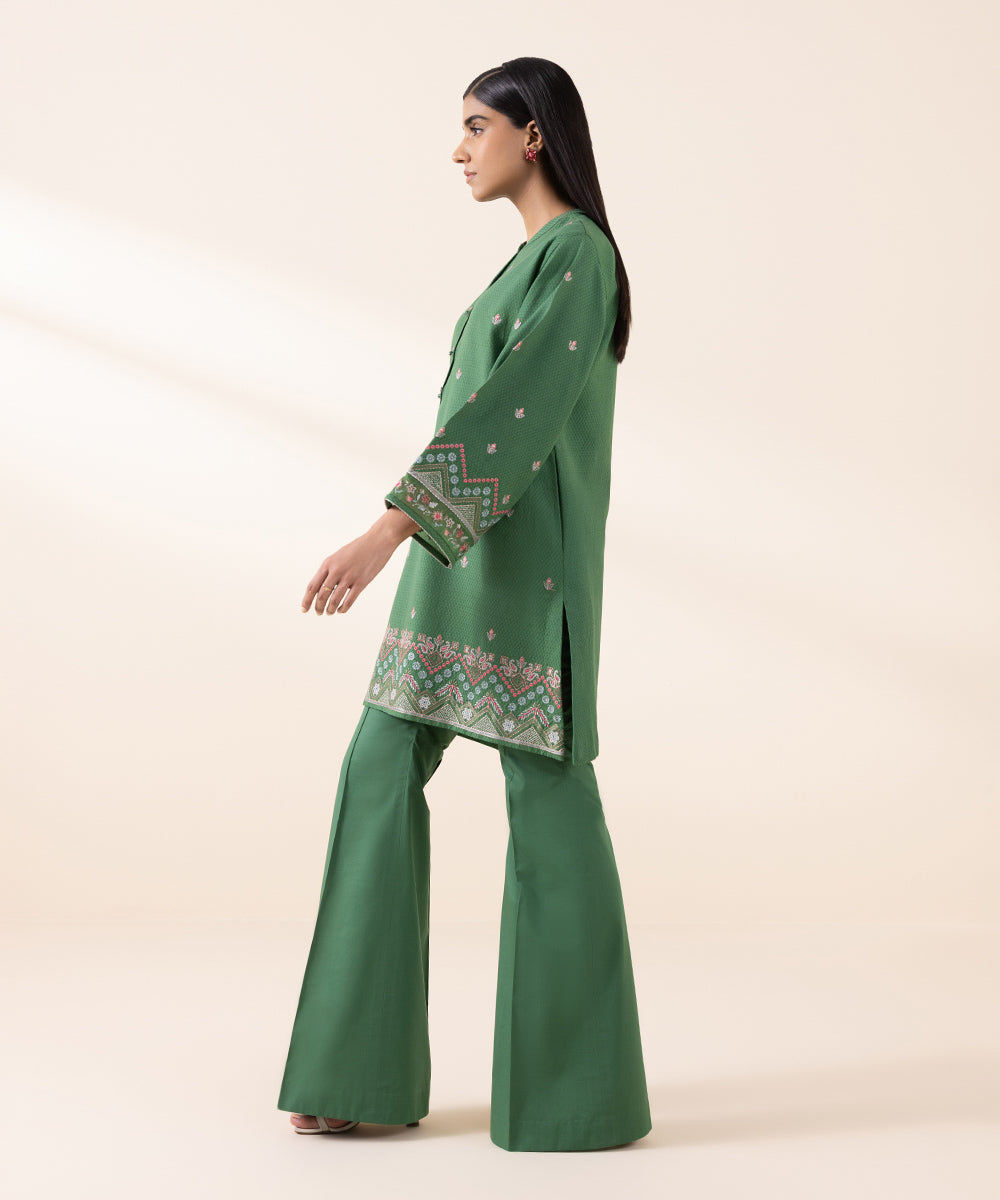 Women's Unstitched Dobby Green Embroidered 2 Piece Suit 