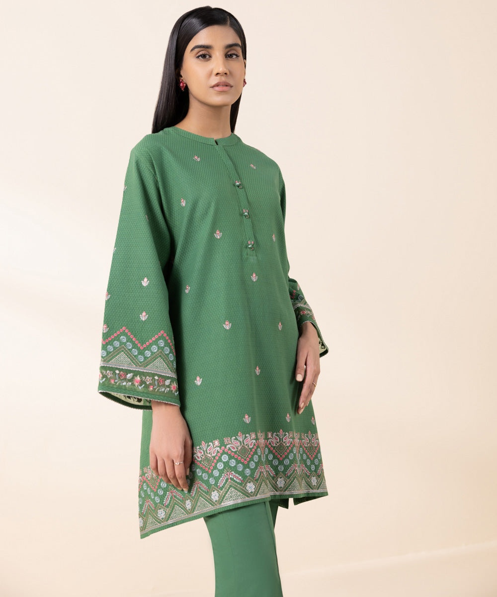 Women's Unstitched Dobby Green Embroidered 2 Piece Suit 