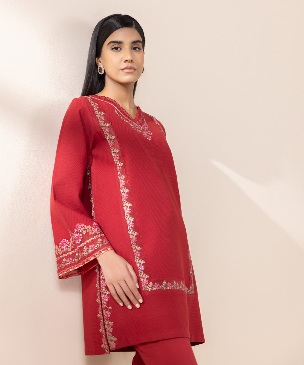 Women's Unstitched Dobby Red Embroidered 2 Piece Suit 