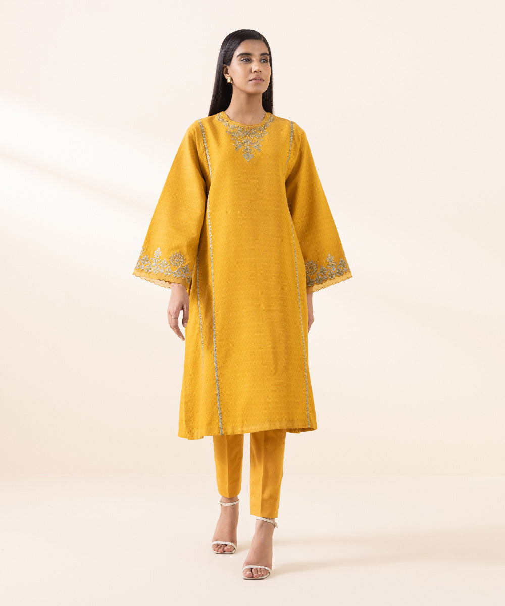 Women's Unstitched Cotton Jacquard Yellow Embroidered 2 Piece Suit