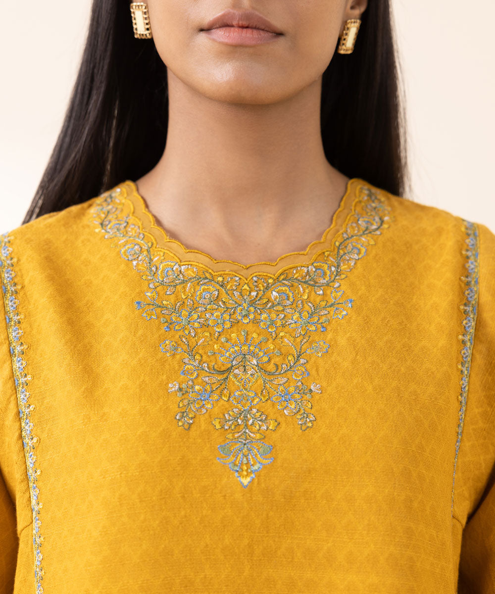 Women's Unstitched Cotton Jacquard Yellow Embroidered 2 Piece Suit