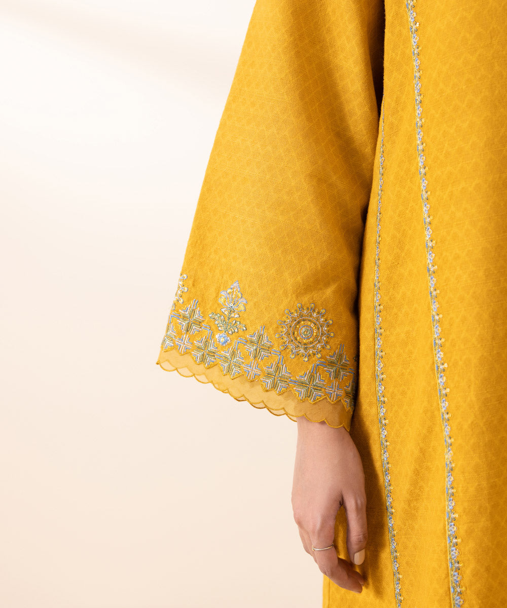 Women's Unstitched Cotton Jacquard Yellow Embroidered 2 Piece Suit