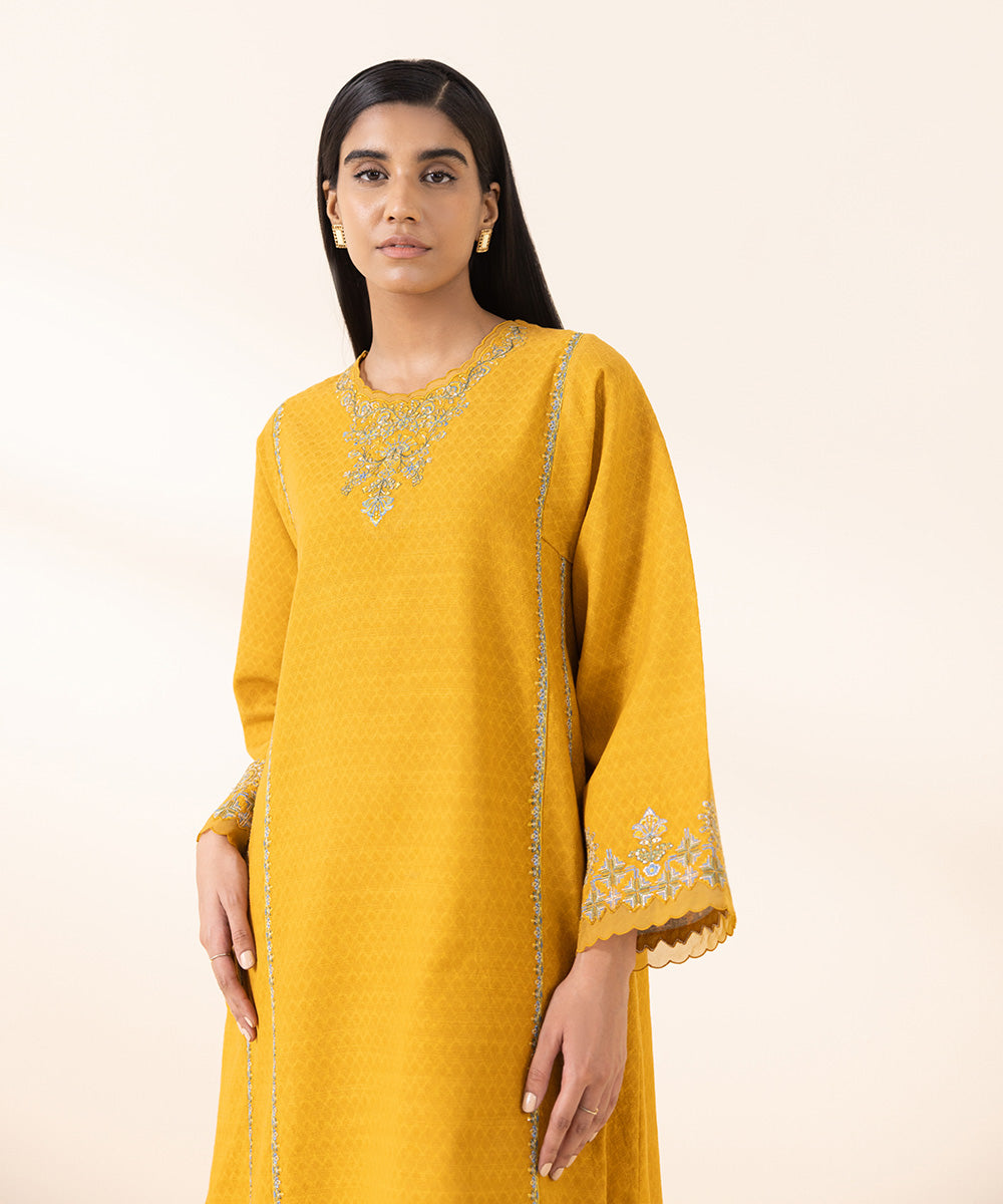 Women's Unstitched Cotton Jacquard Yellow Embroidered 2 Piece Suit