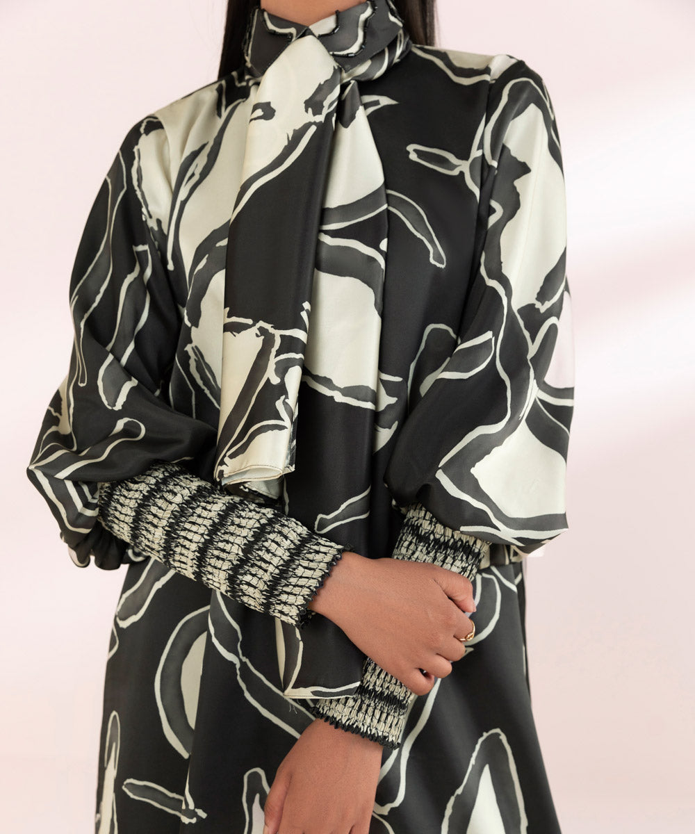 Women's Unstitched Blended Satin Black Printed 2 Piece Suit