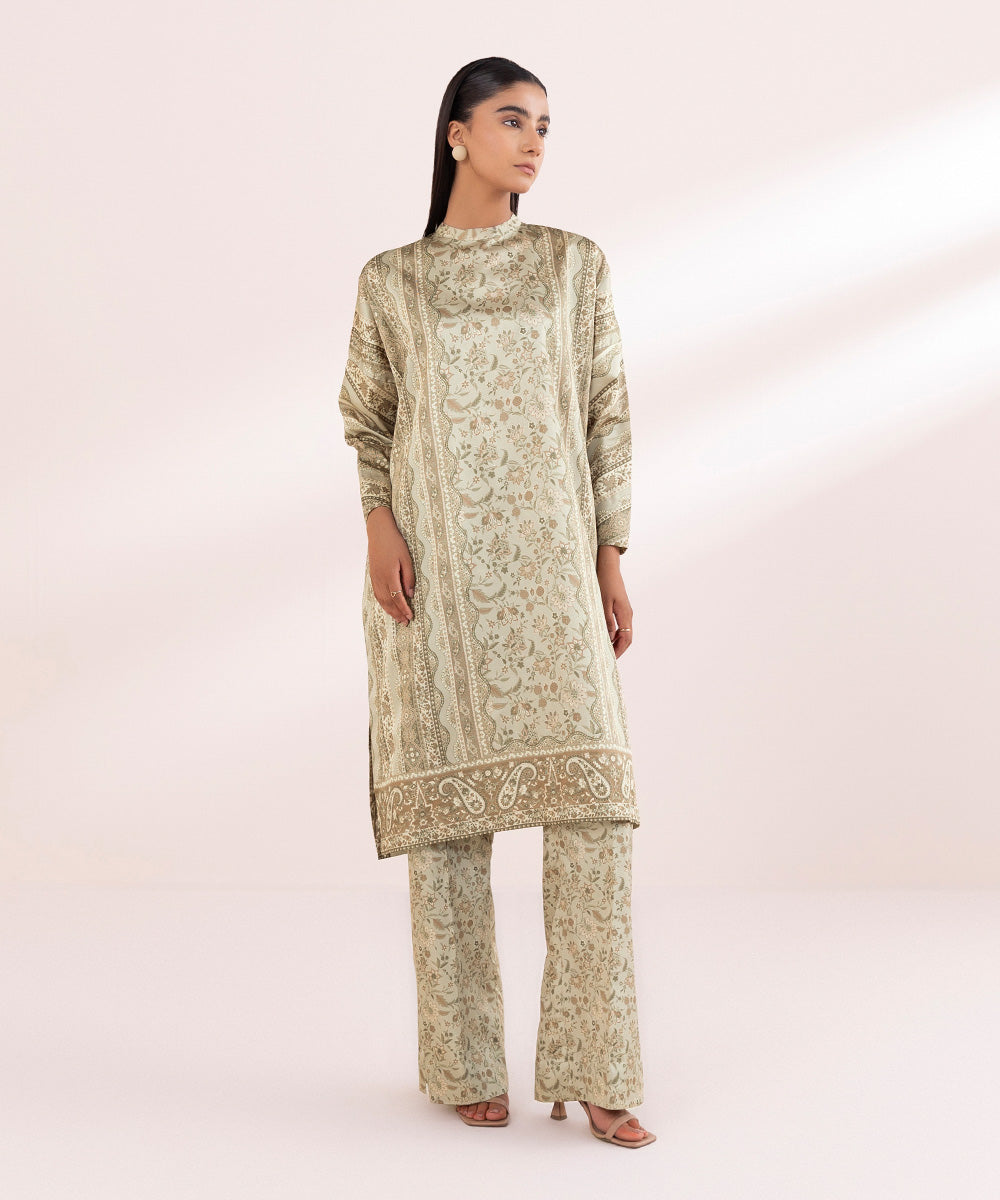 Women's Unstitched Blended Satin Beige Printed 2 Piece Suit