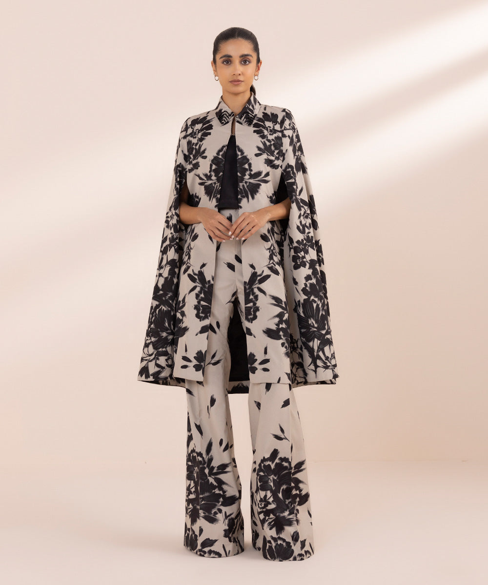 Women's Unstitched Blended Grip Silk Black Printed 2 Piece Suit