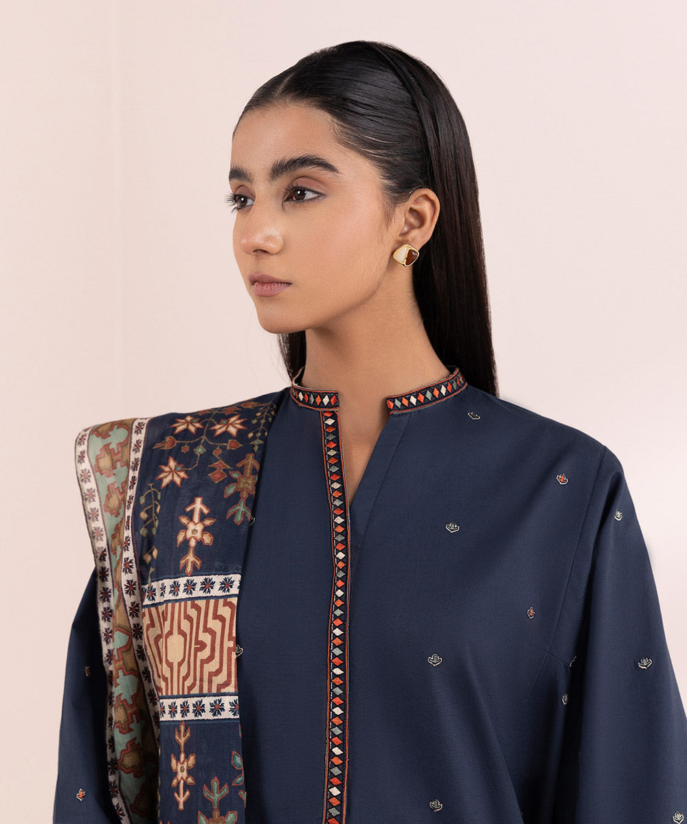 Women's Pret Lawn Embroidered Blue Boxy Shirt
