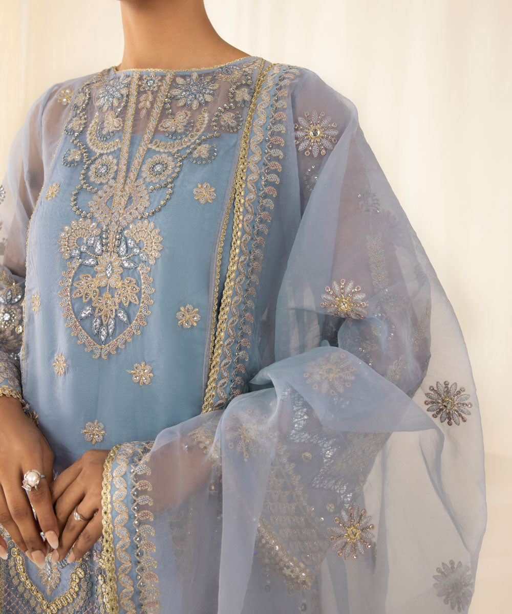 Festive Women's Unstitched Poly Organza Blue 3 Piece Suit