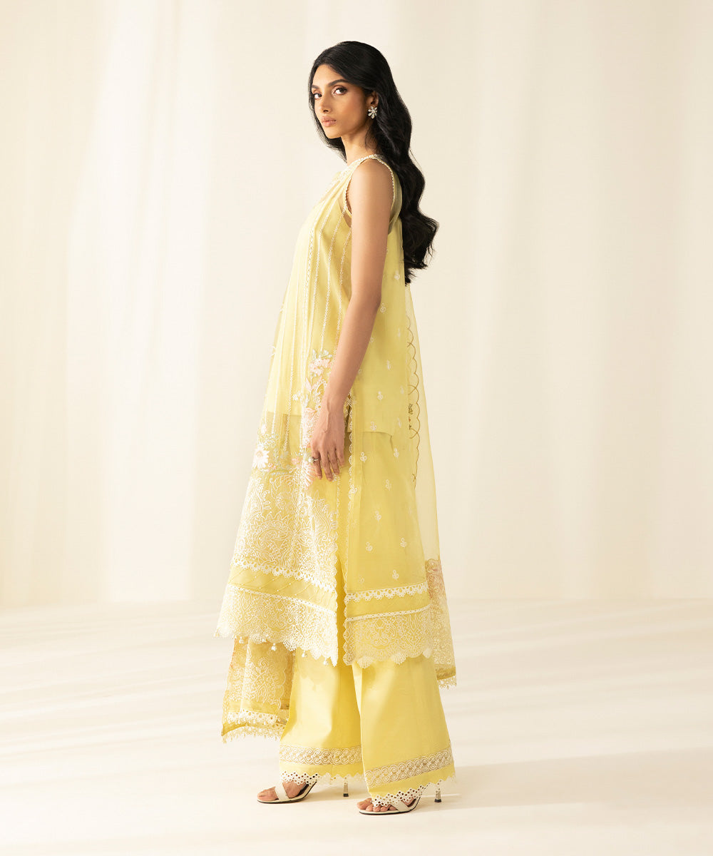 Festive Women's Unstitched Poly Organza Yellow 3 Piece Suit