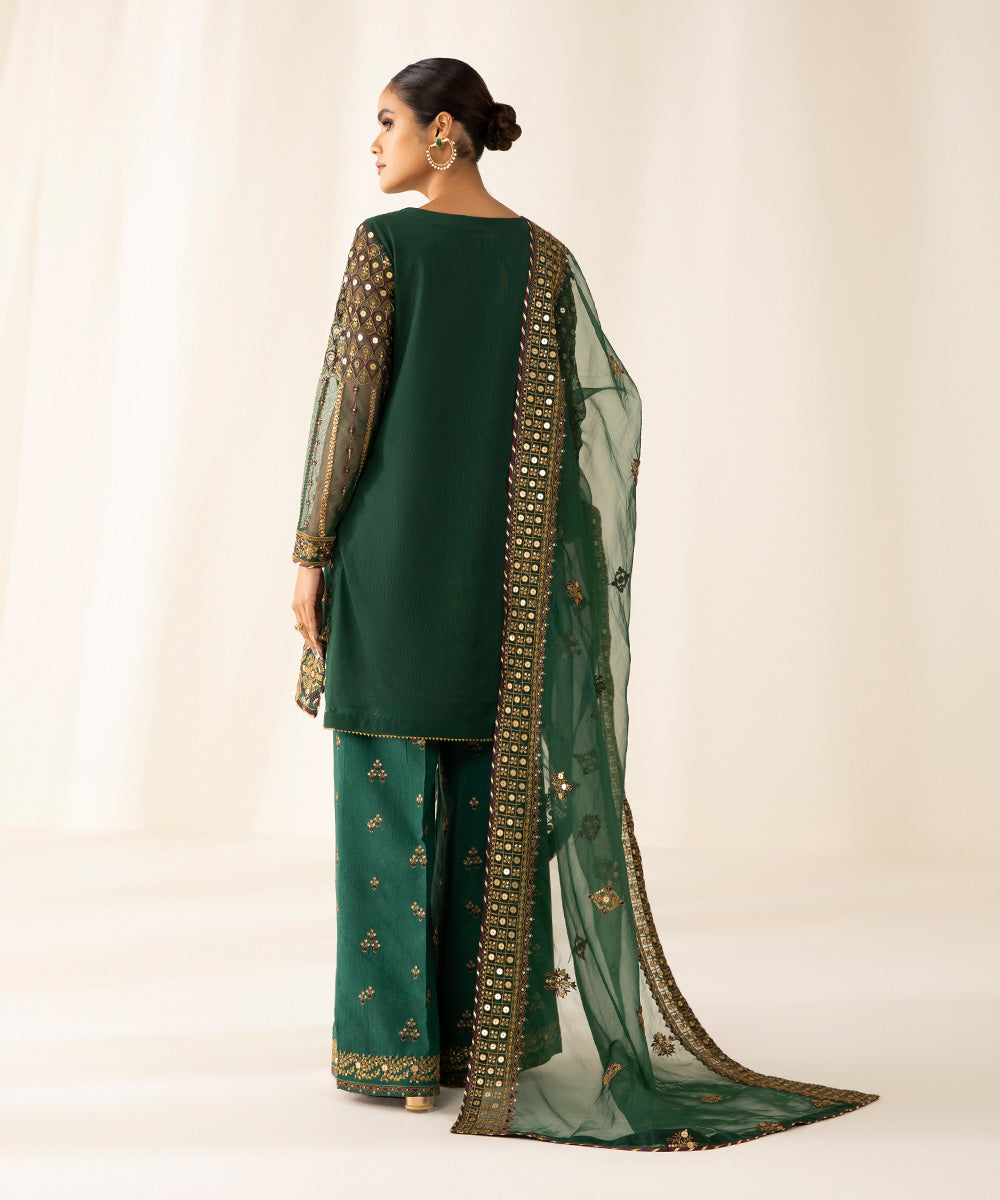 Festive Women's Unstitched Polyester Net Green 3 Piece Suit