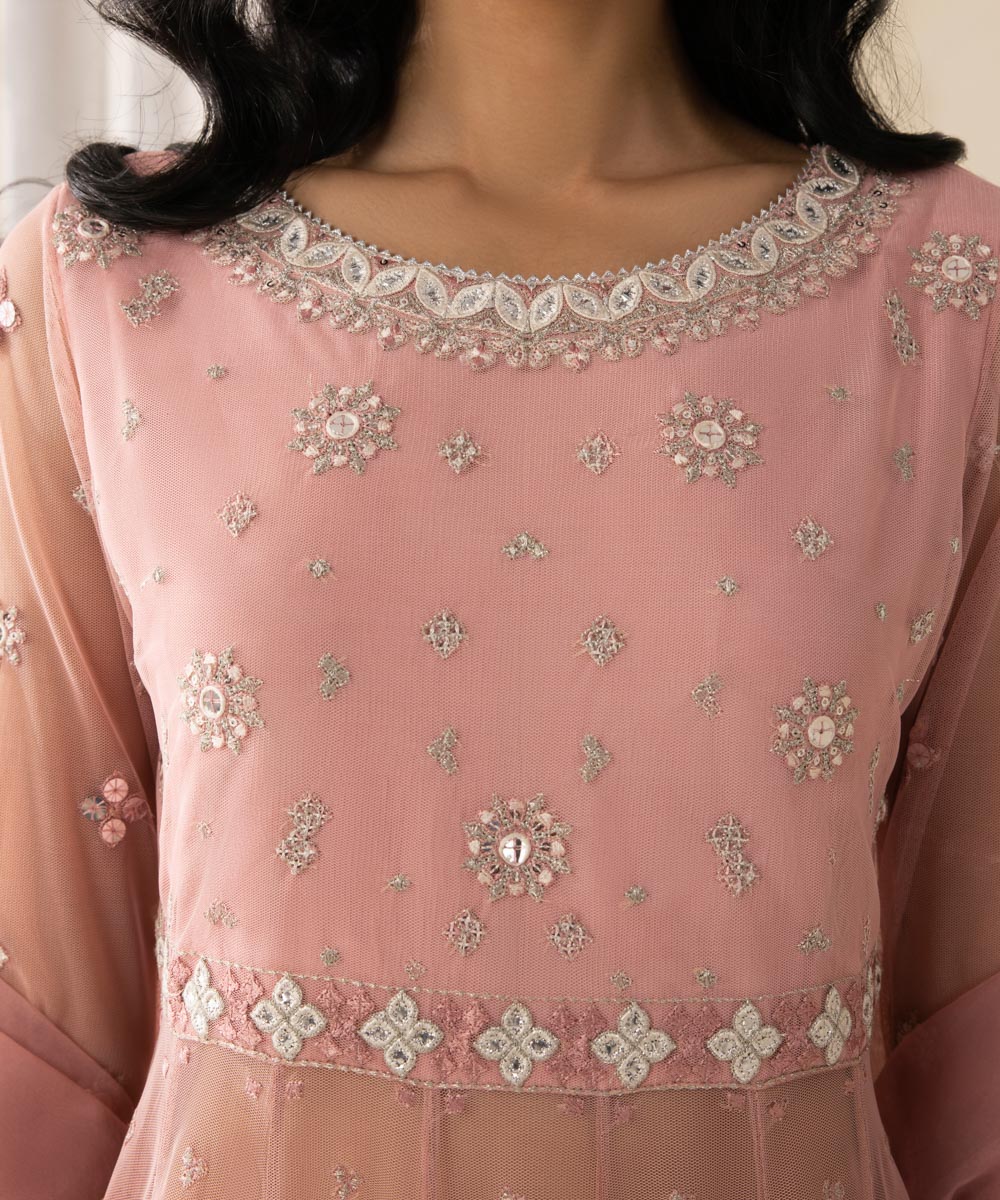 Festive Women's Unstitched Polyester Net Pink 3 Piece Suit