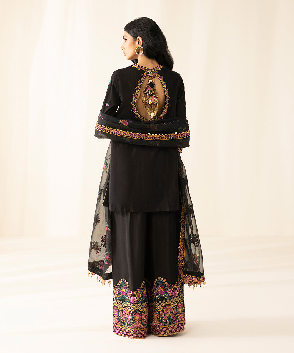 Festive Women's Unstitched Raw Silk Black 3 Piece Suit