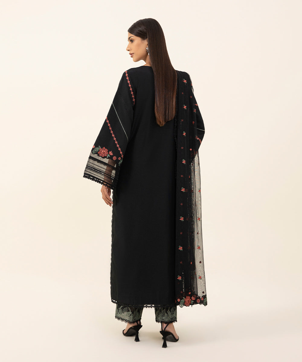 Women's Intermix Unstitched Yarn Dyed Cotton Net Black 3 Piece Suit