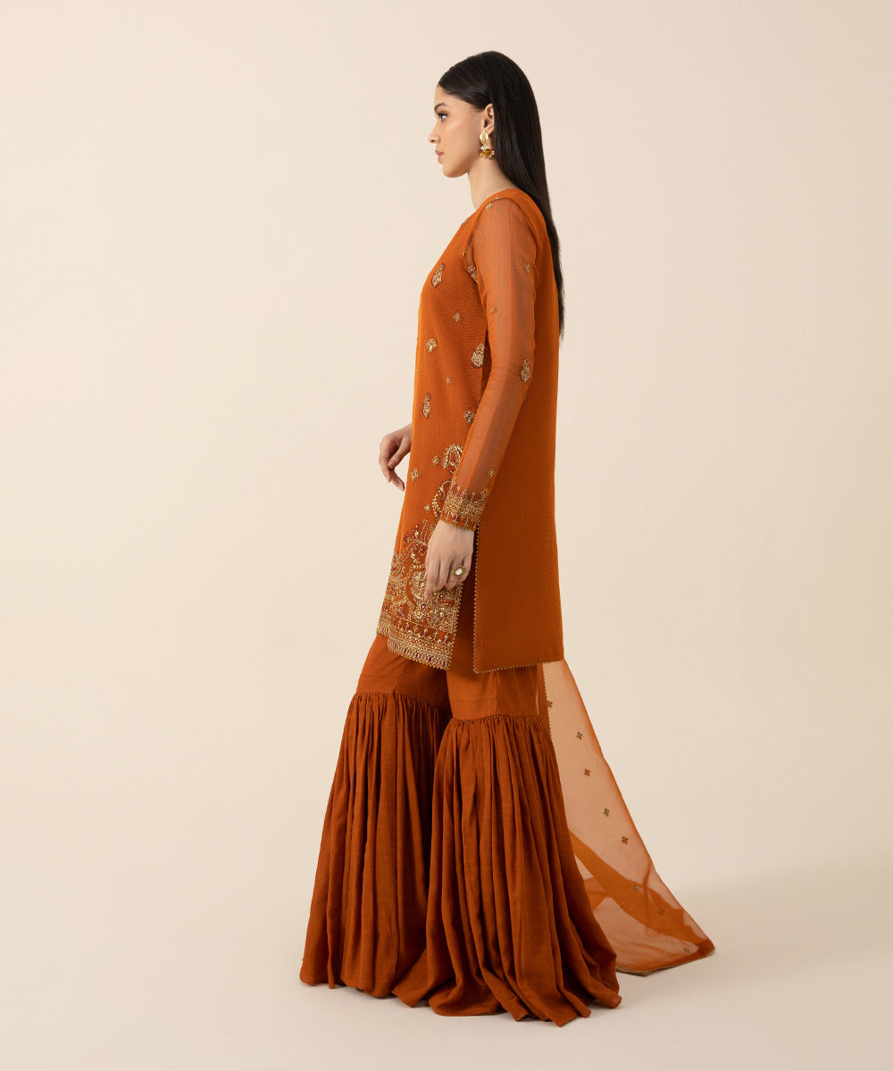 Women's Intermix Unstitched Blended Viscose Khaddi Net Orange 3 Piece Suit