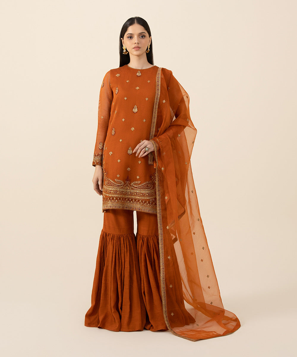 Women's Intermix Unstitched Blended Viscose Khaddi Net Orange 3 Piece Suit