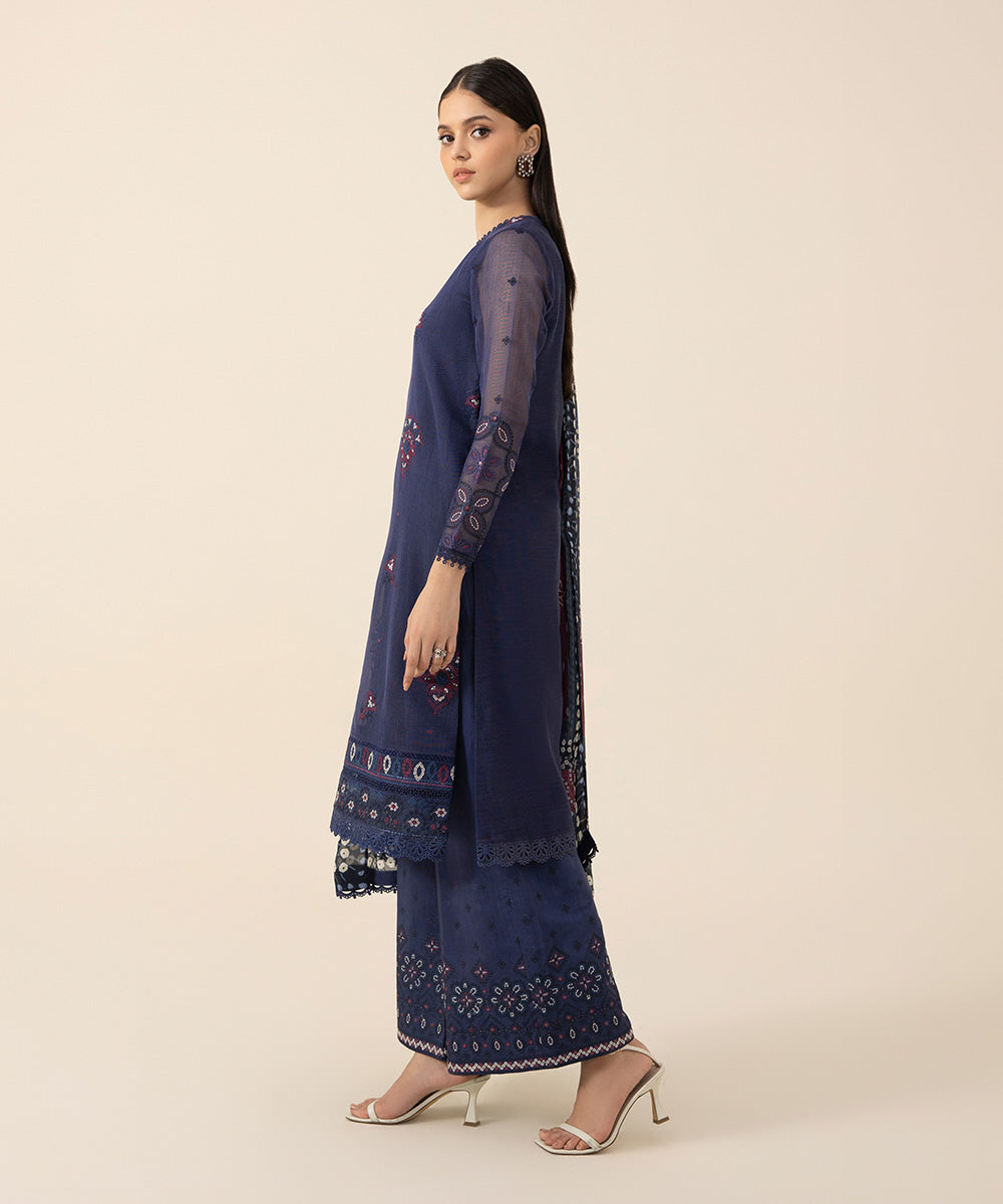 Women's Intermix Unstitched Blended Viscose Khaddi Net Blue 3 Piece Suit