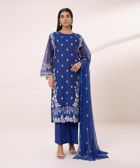 Women's Unstitched Blended Khaddi Net Embroidered Blue 3 Piece Suit