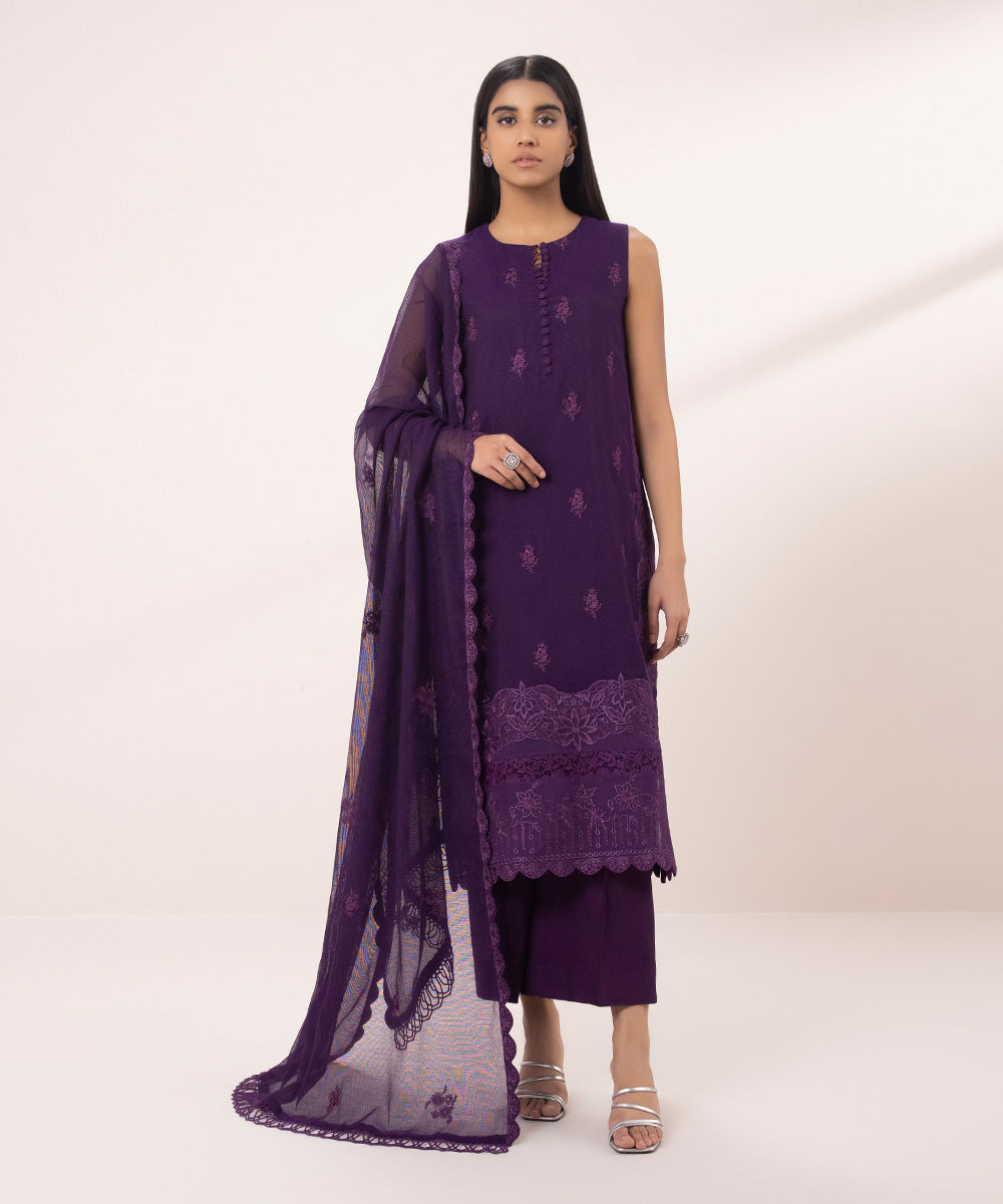 Women's Unstitched Blended Khaddi Net Embroidered Purple 3 Piece Suit