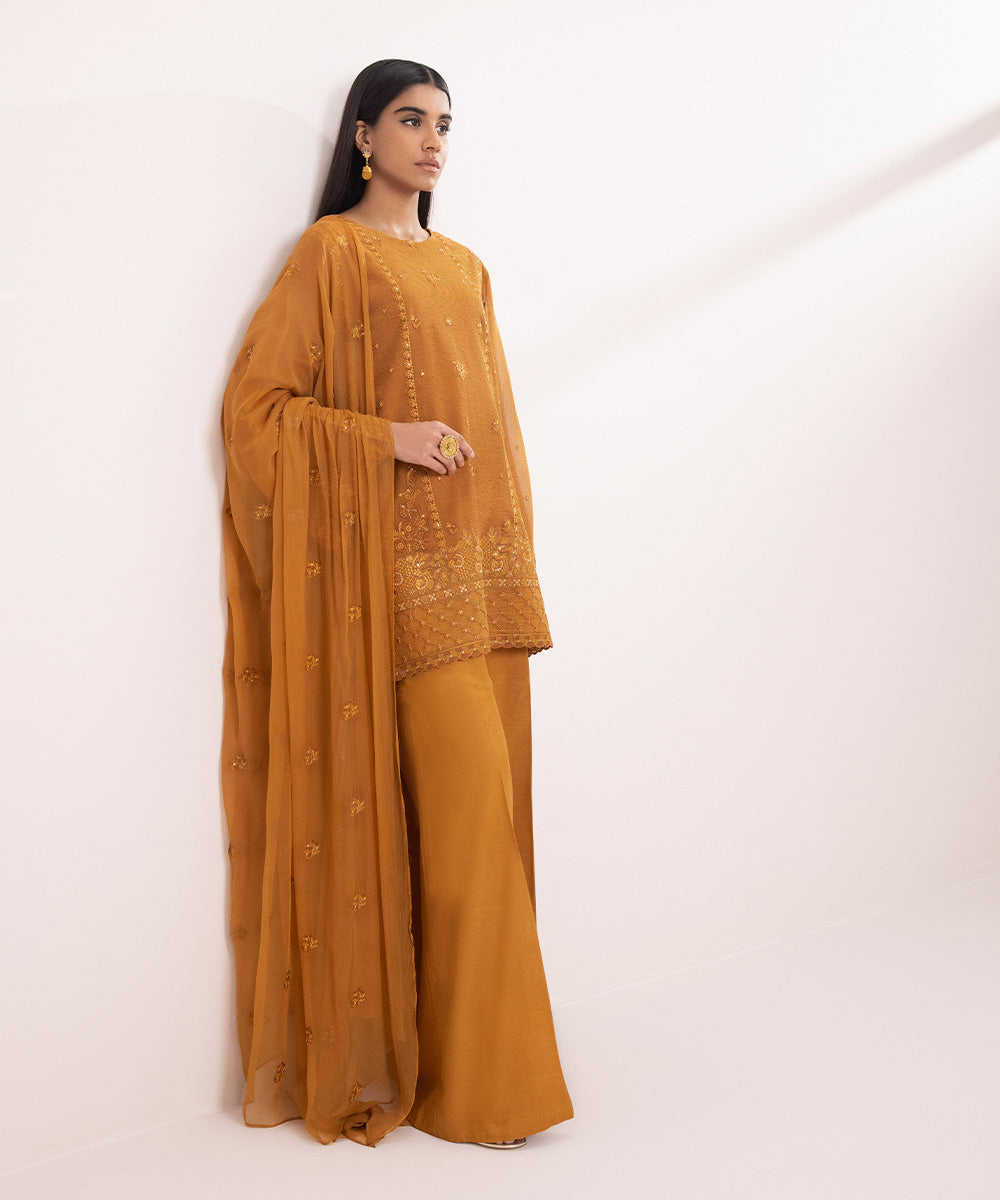 Women's Unstitched Blended Khaddi Net Embroidered Orange 3 Piece Suit