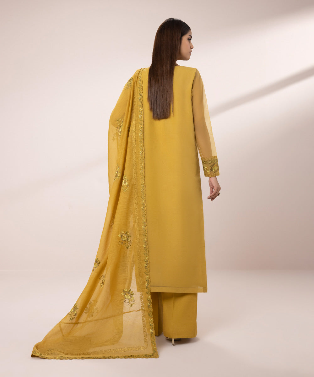 Women's Unstitched Organza Embroidered Yellow 3 Piece Suit