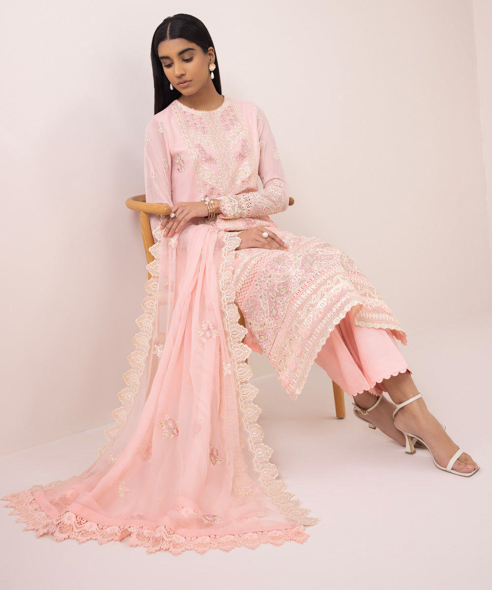 Women's Unstitched Georgette Chiffon Embroidered Pink 3 Piece Suit