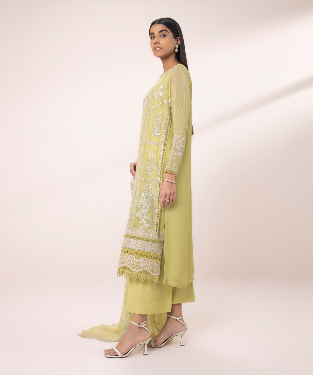 Women's Unstitched Georgette Chiffon Embroidered Yellow 3 Piece Suit