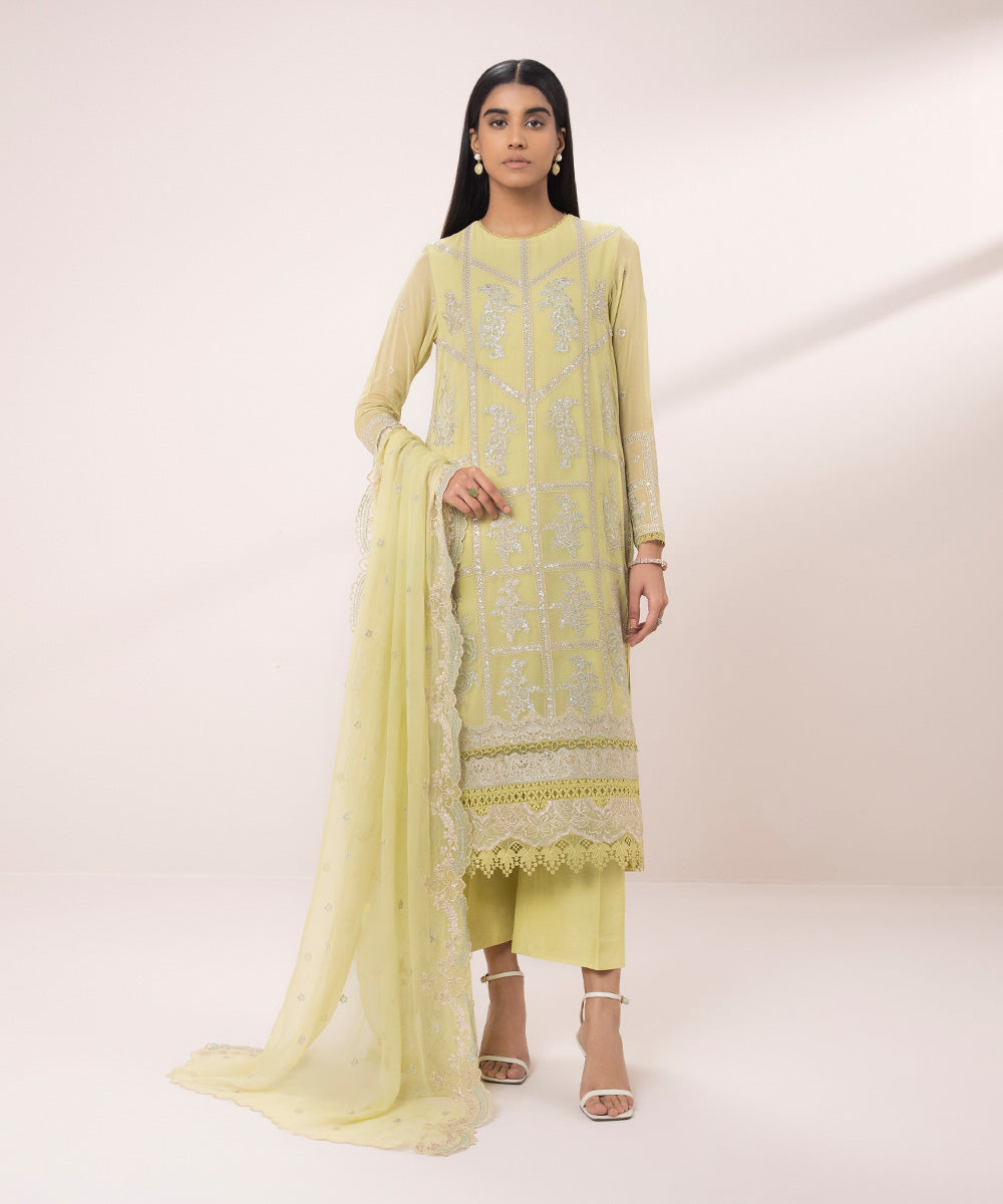 Women's Unstitched Georgette Chiffon Embroidered Yellow 3 Piece Suit