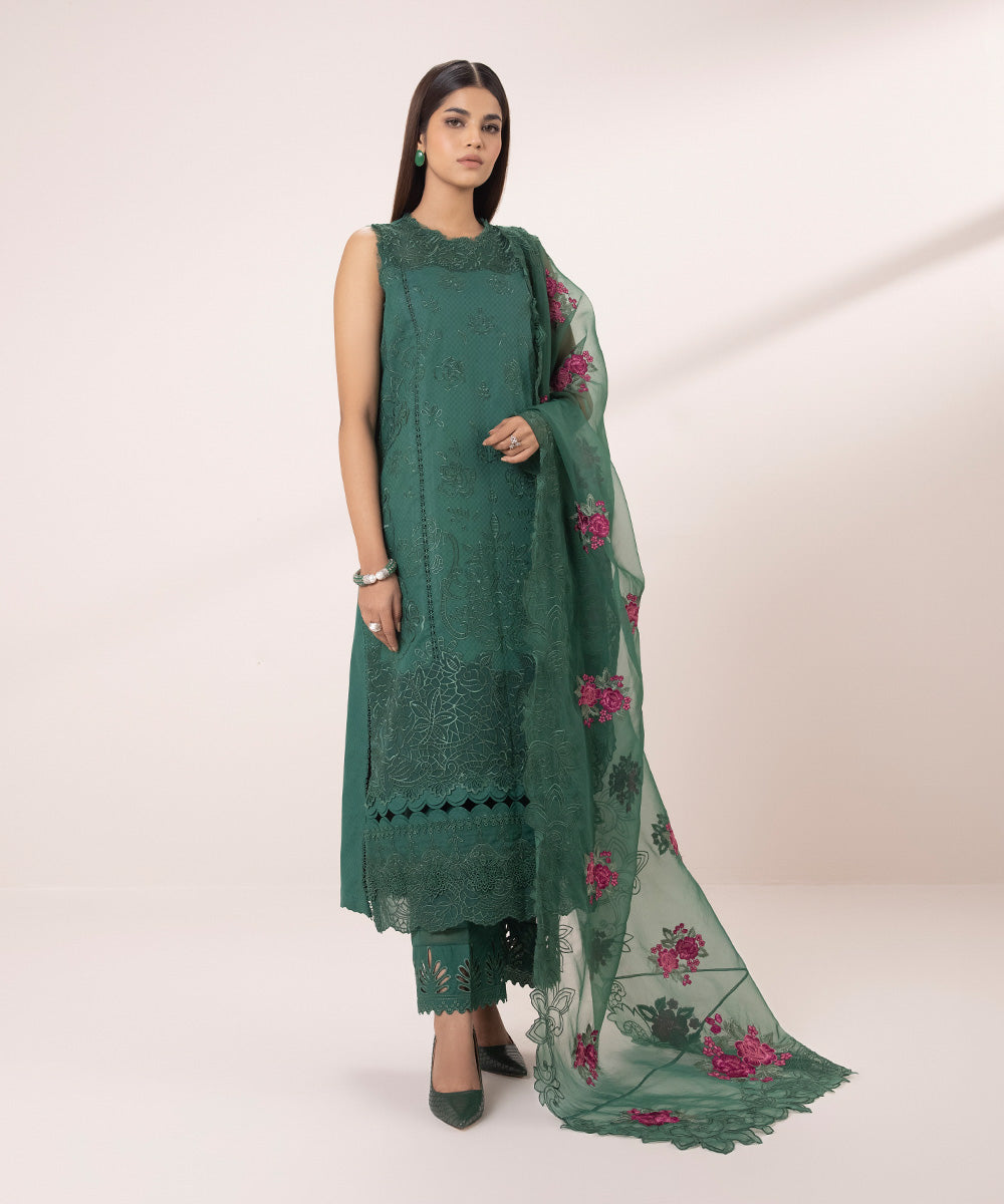 Women's Unstitched Cotton Jacquard Embroidered Green 3 Piece Suit