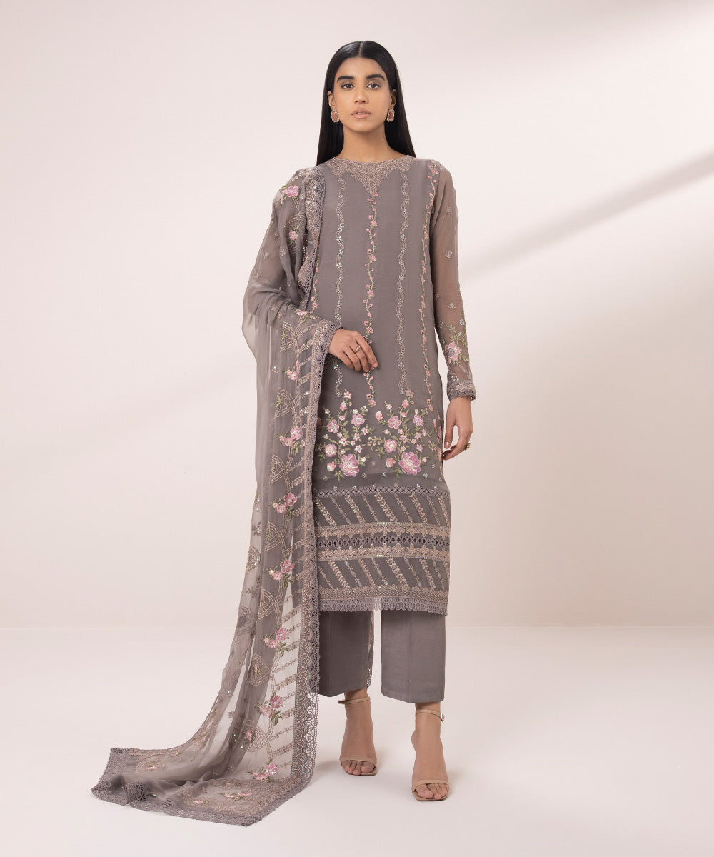 Women's Unstitched Crinkle Chiffon Embroidered Grey 3 Piece Suit