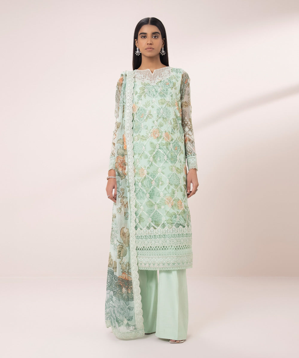 Women's Unstitched Crinkle Chiffon Embroidered Blue 3 Piece Suit