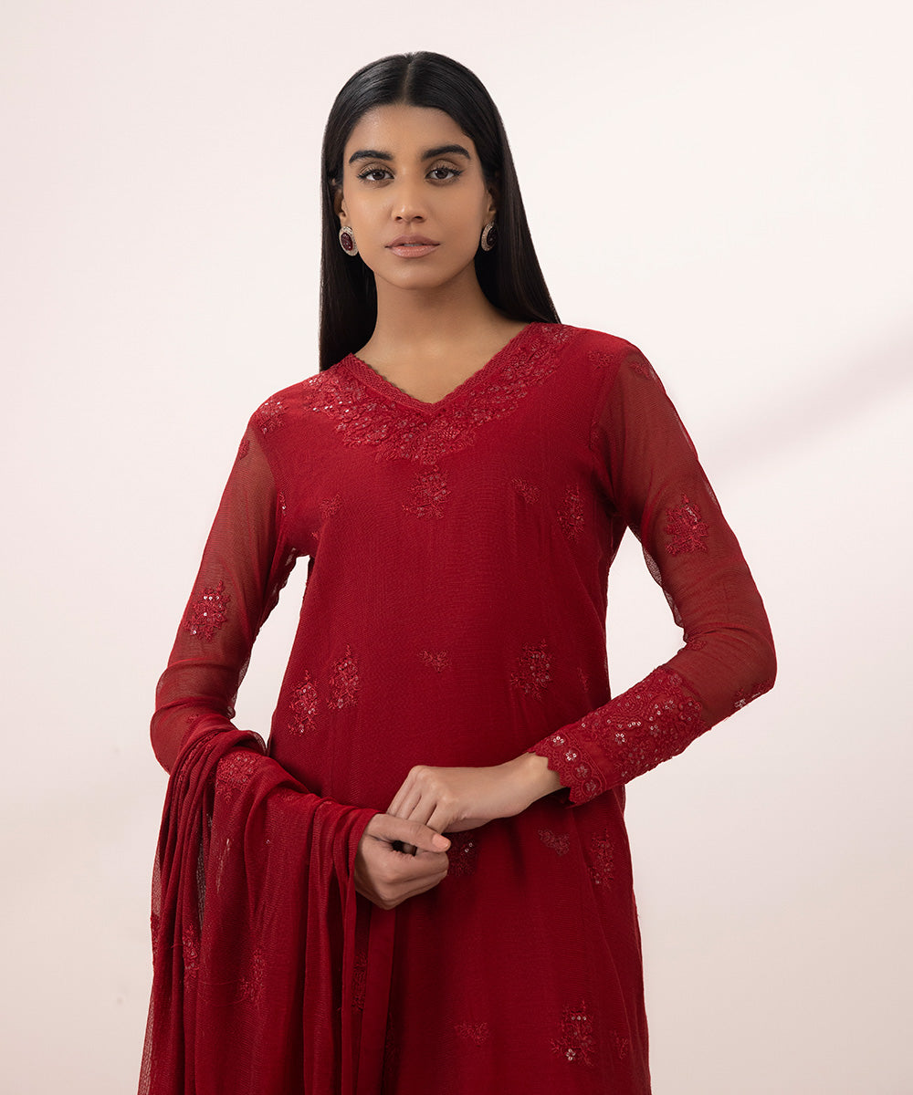 Women's Unstitched Blended Khaddi Net Embroidered Red 3 Piece Suit