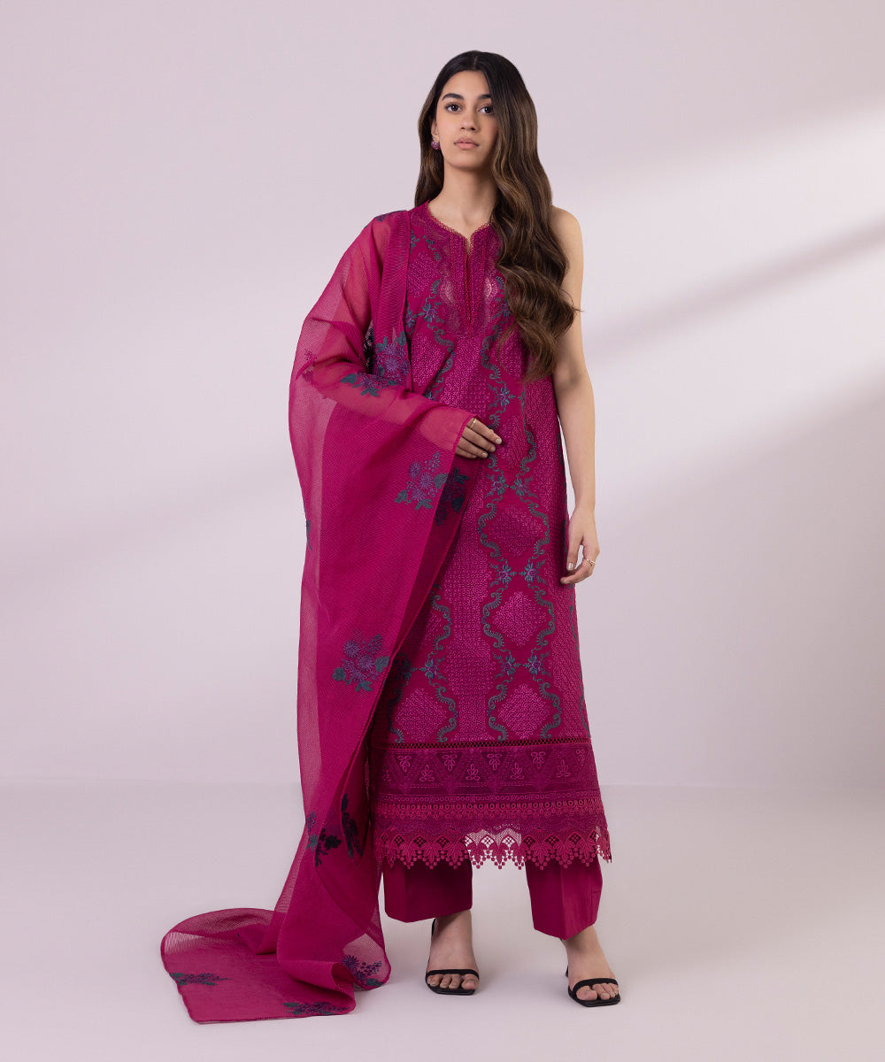 Women's Unstitched Lawn Embroidered Magenta 3 Piece Suit