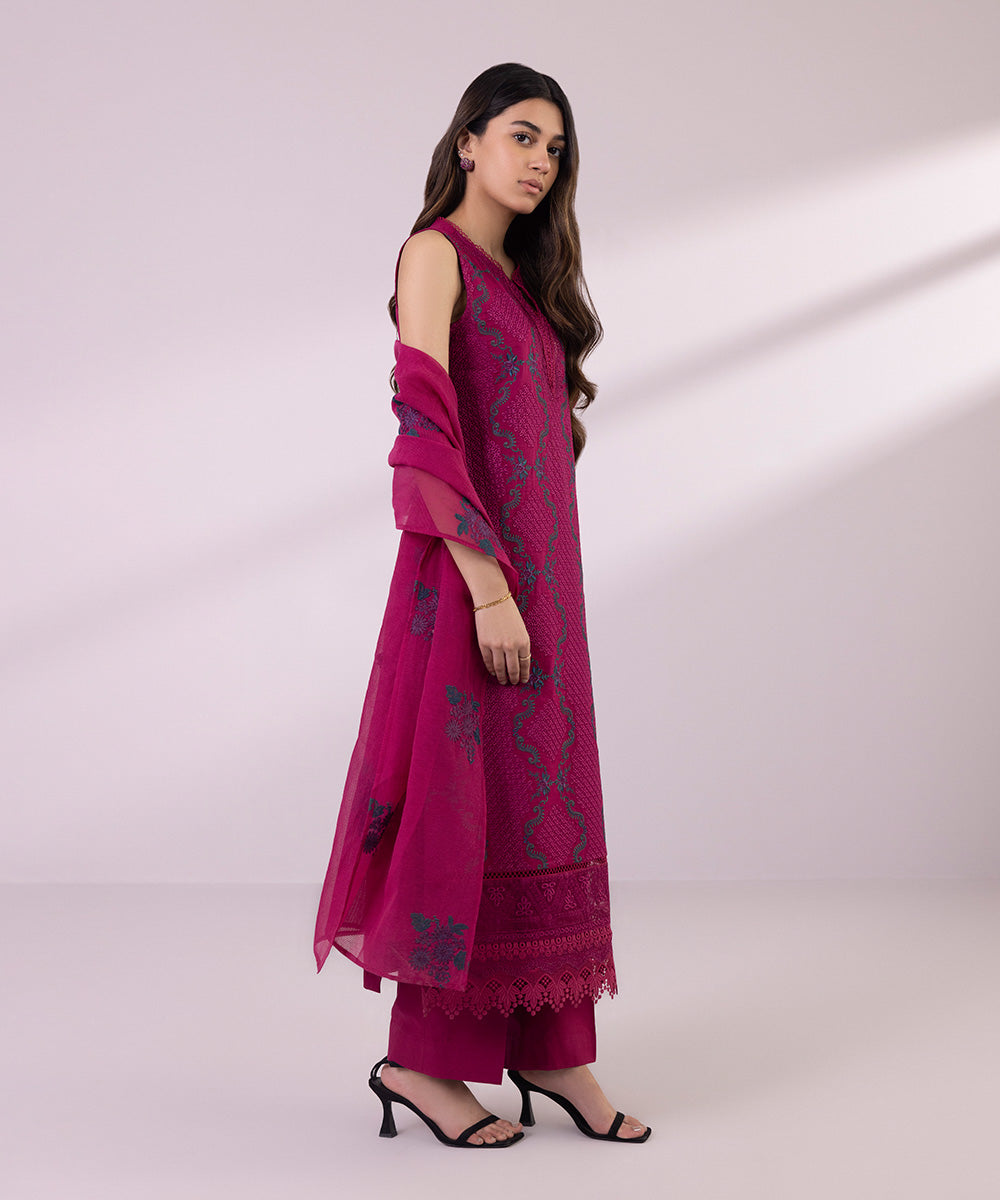Women's Unstitched Lawn Embroidered Magenta 3 Piece Suit