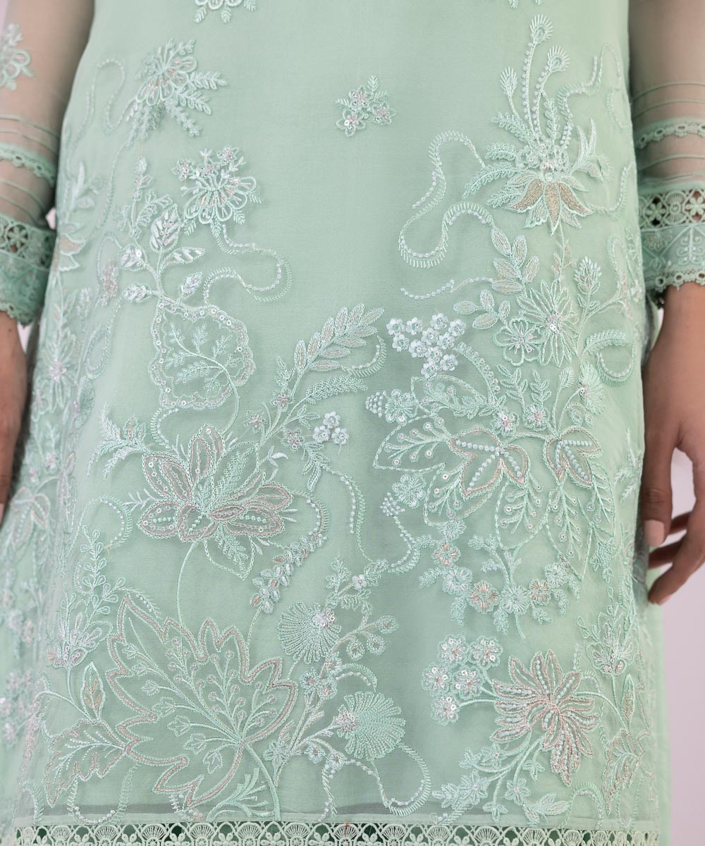 Women's Unstitched Organza Embroidered Aqua 3 Piece Suit