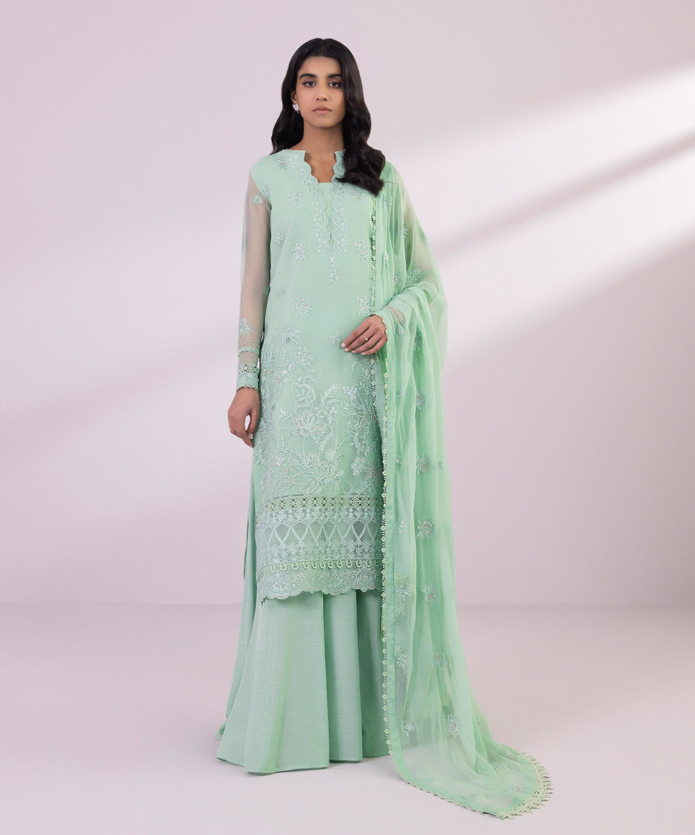 Women's Unstitched Organza Embroidered Aqua 3 Piece Suit