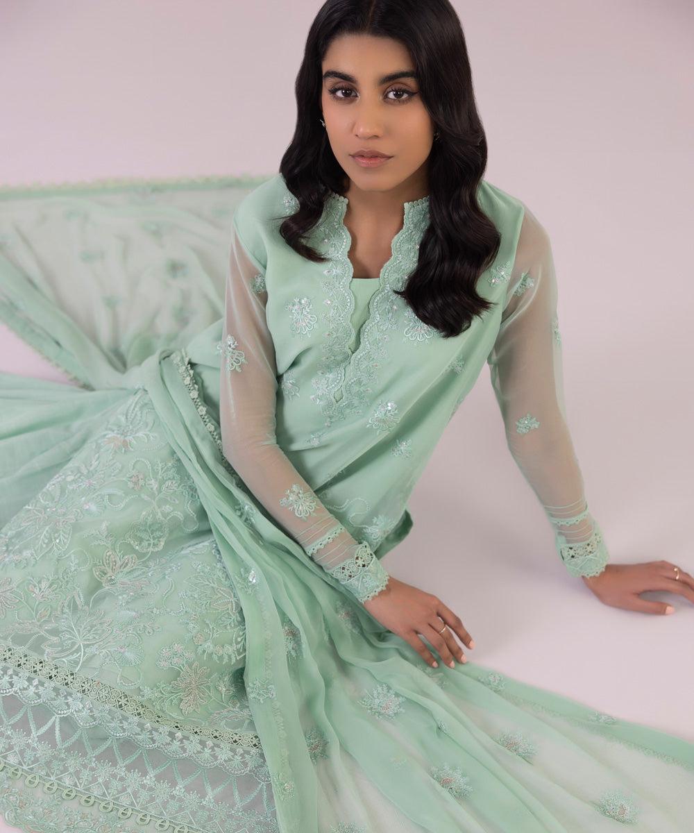 Women's Unstitched Organza Embroidered Aqua 3 Piece Suit