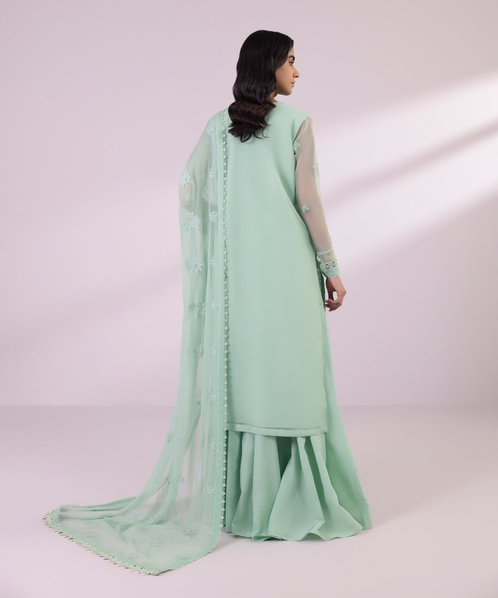 Women's Unstitched Organza Embroidered Aqua 3 Piece Suit