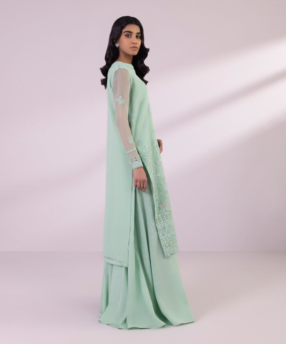 Women's Unstitched Organza Embroidered Aqua 3 Piece Suit