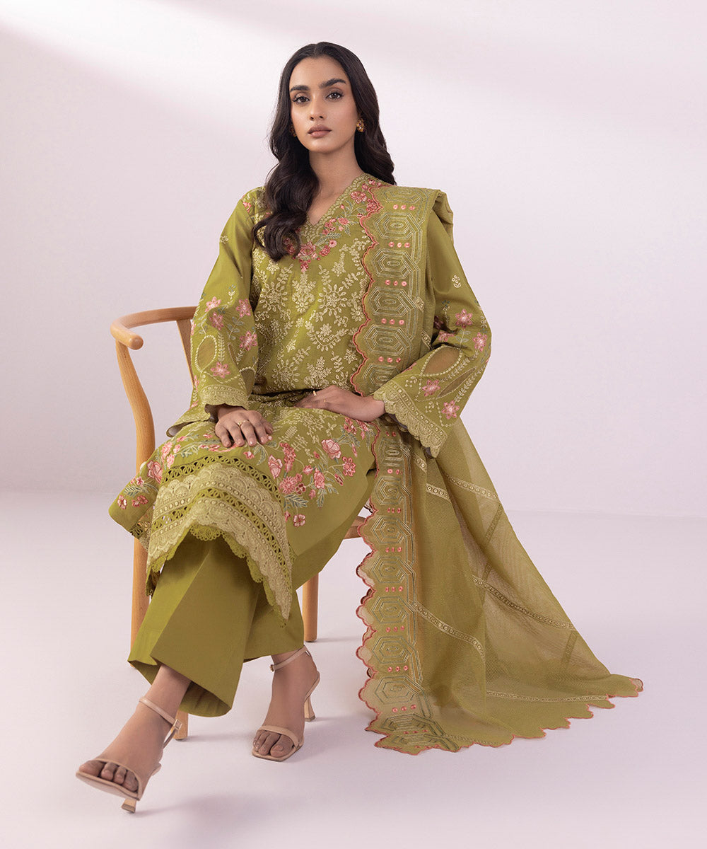 Women's Unstitched Lawn Embroidered olive Green 3 Piece Suit