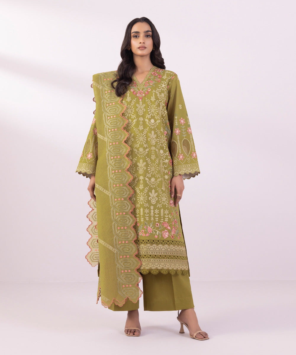 Women's Unstitched Lawn Embroidered olive Green 3 Piece Suit