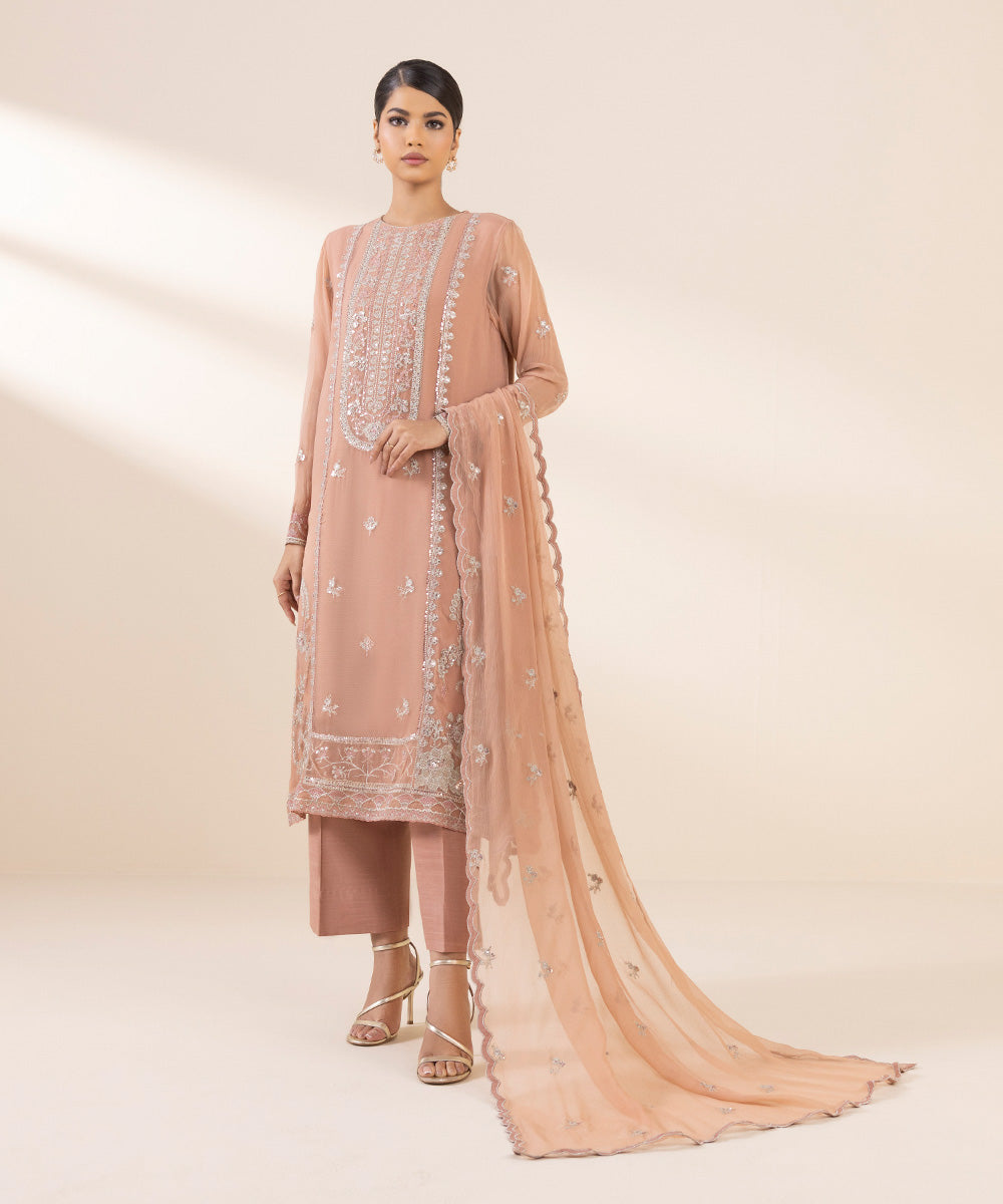 3 Piece - Embroidered Chiffon Suit