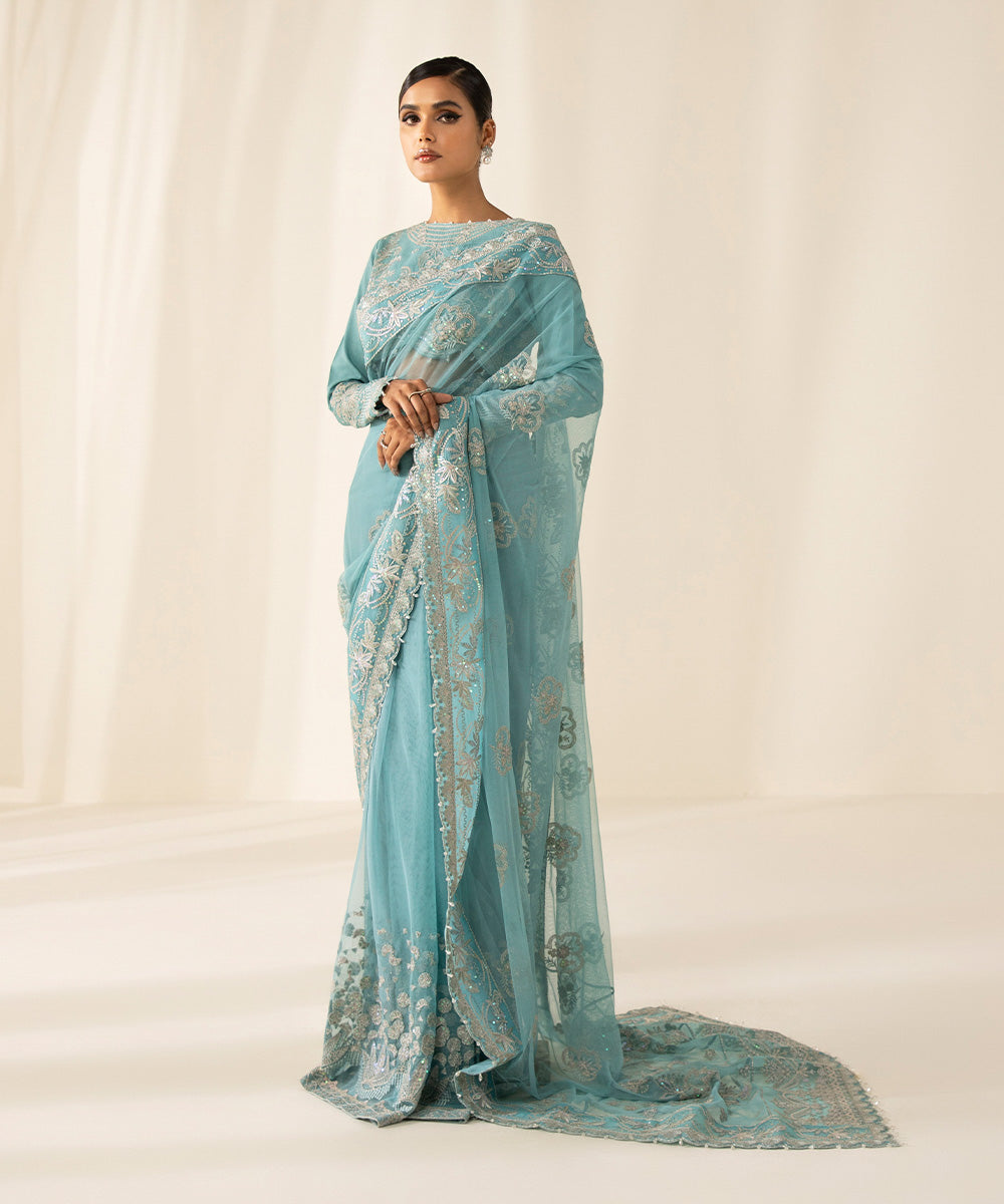 Festive Women's Unstitched Raw Silk Blue 3 Piece Saree