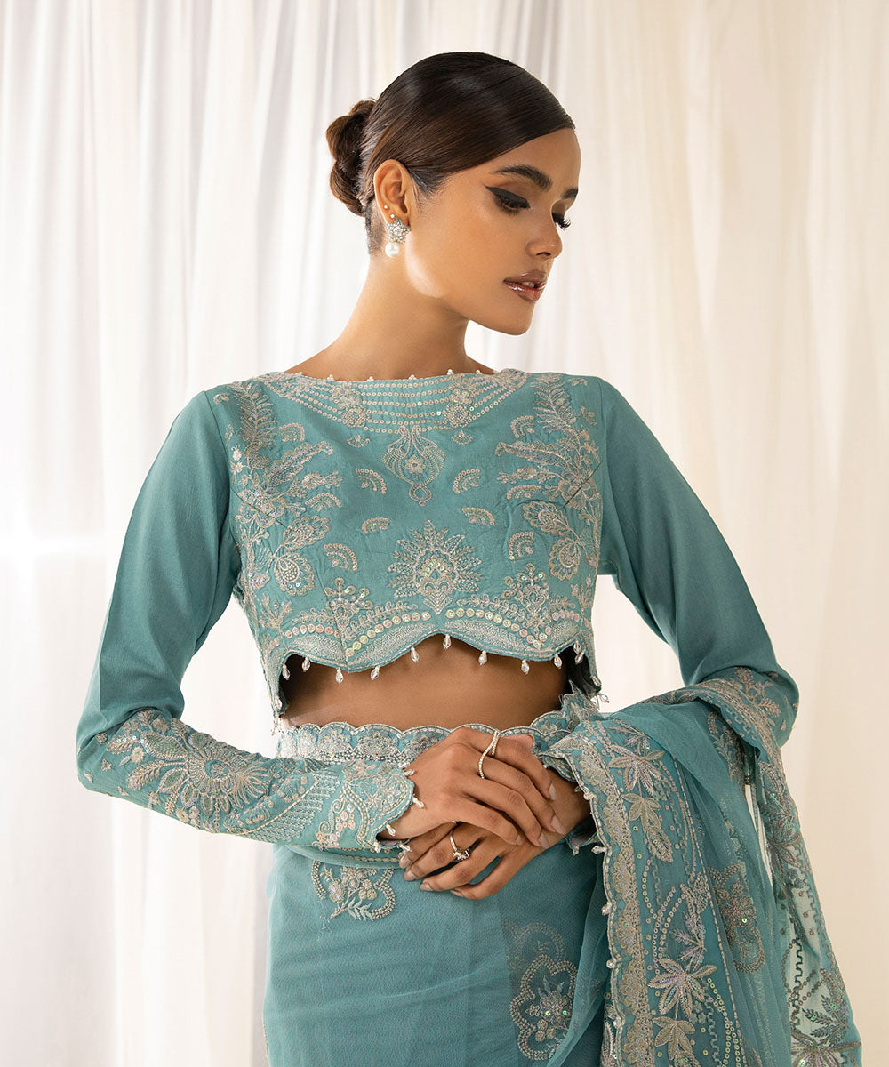 Festive Women's Unstitched Raw Silk Blue 3 Piece Saree