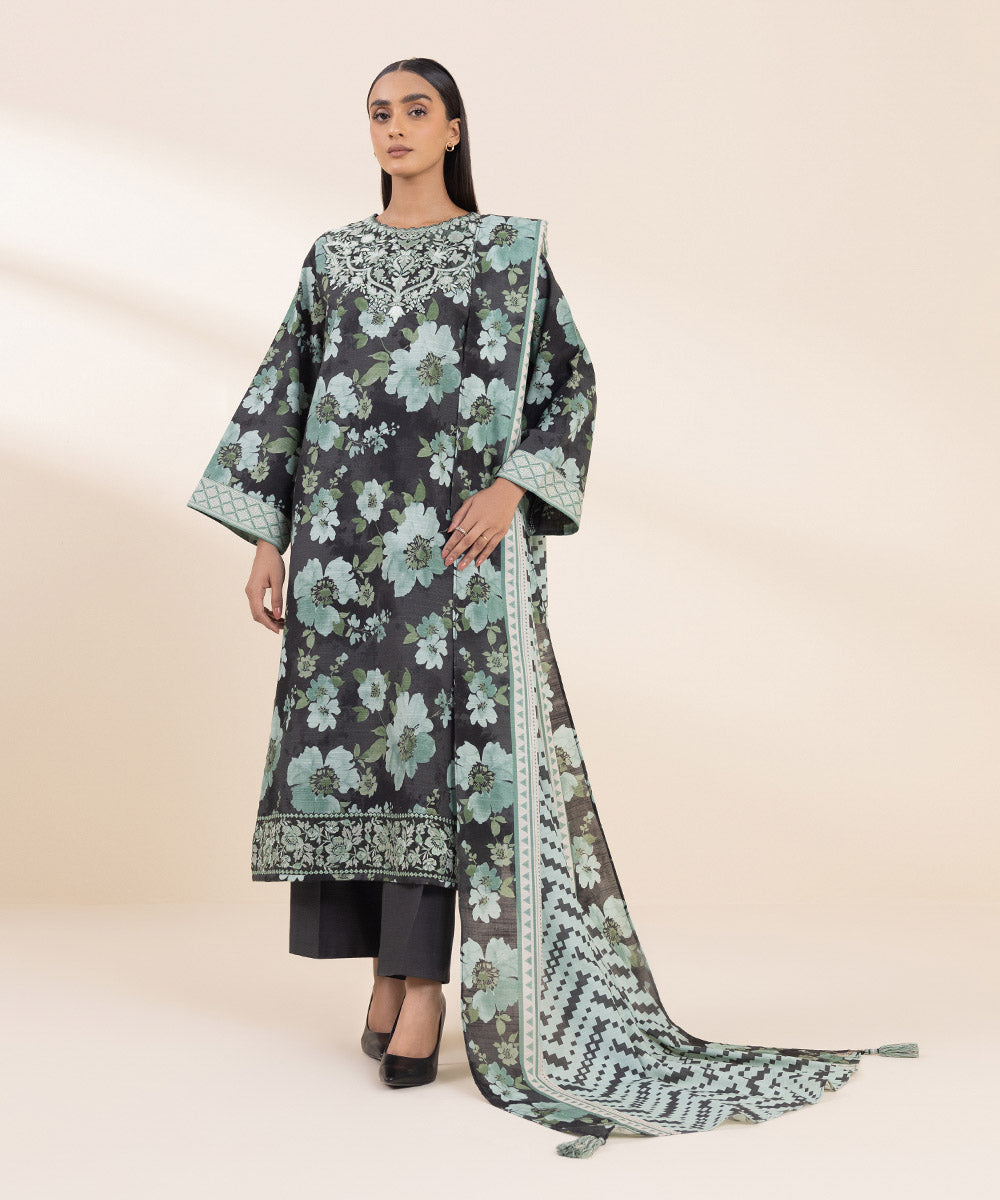 Women's Unstitched Embroidered Sea Green & Gray Khaddar Three Piece Suit