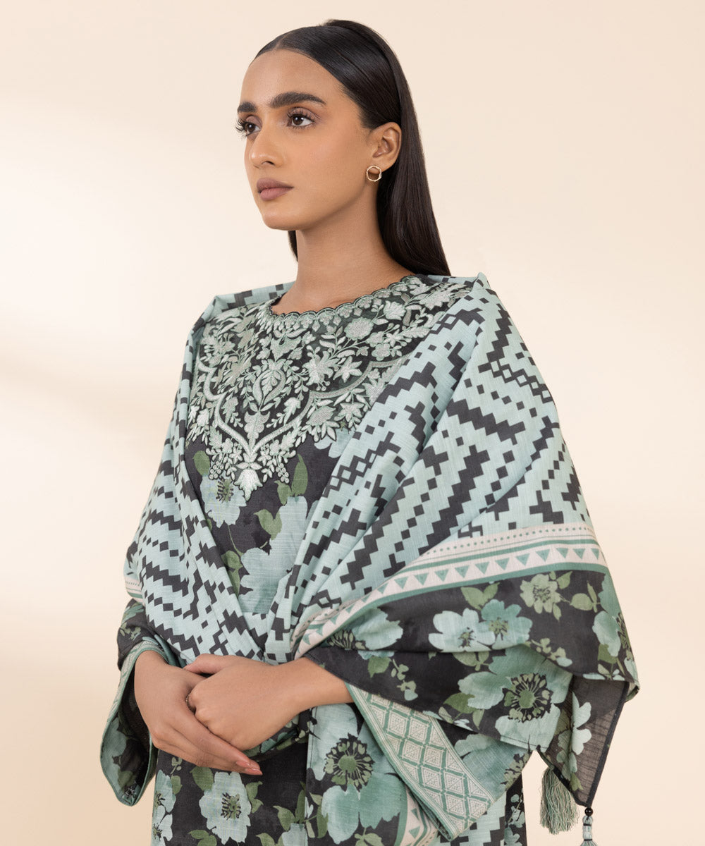 Women's Unstitched Embroidered Sea Green & Gray Khaddar Three Piece Suit