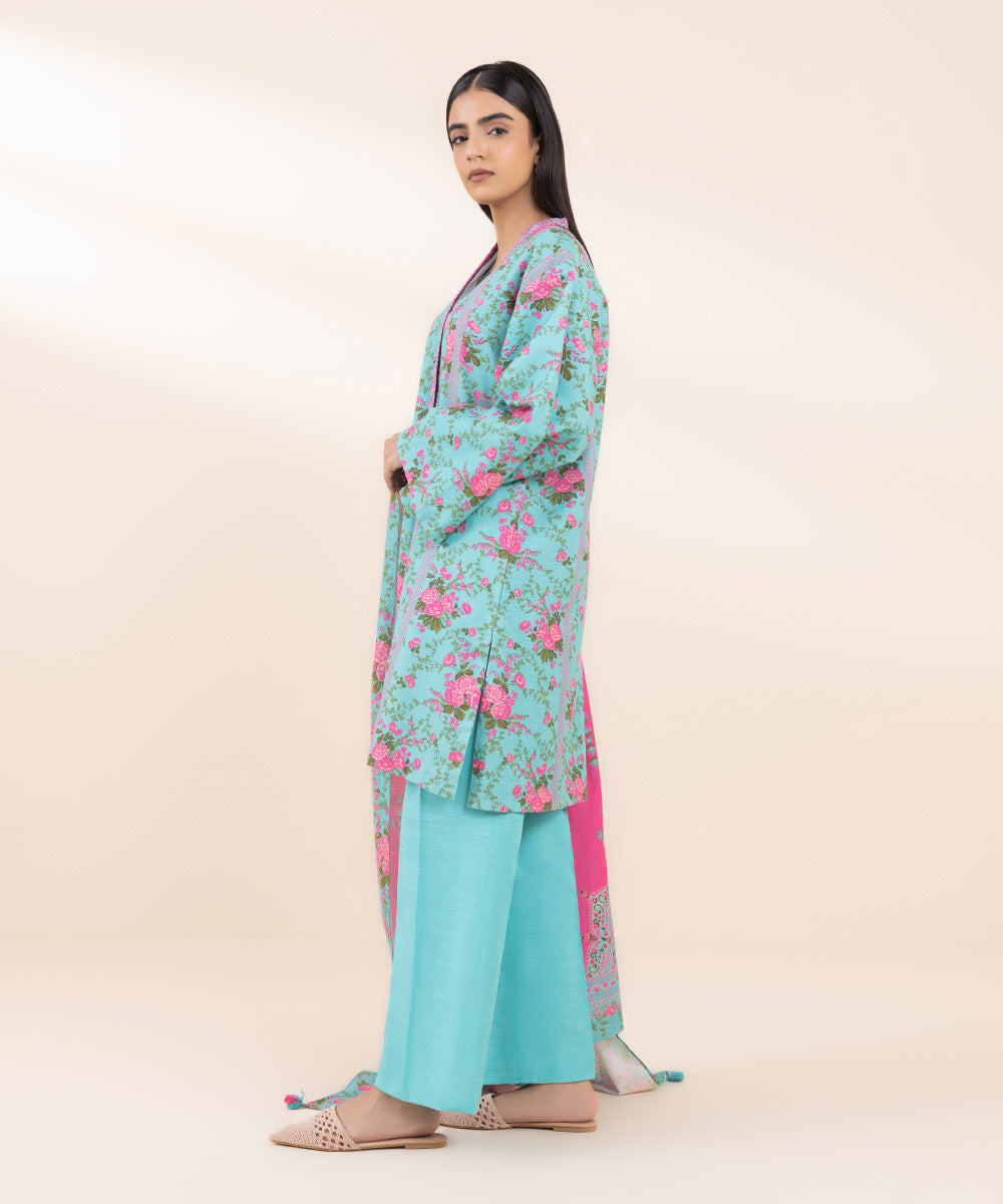 Women's Unstitched Printed Turquoise Khaddar Three Piece Suit